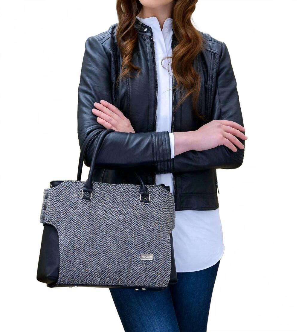 NEW MUCROS WEAVERS women's emily tweed & leather bag in grey herringbone